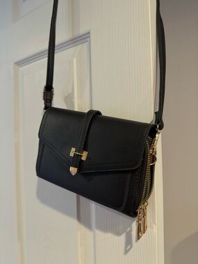 Black Leather Crossbody Bag with Gold detail